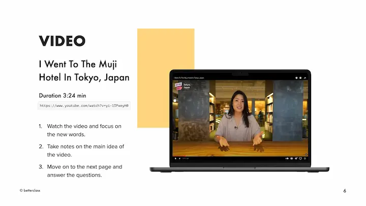 A laptop showing a video about visiting the Muji Hotel in Tokyo, Japan