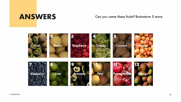 A grid of twelve labeled fruit photos, a fruit-naming quiz answer key