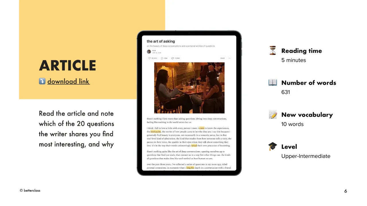 A B2 article-based lesson: tablet showing "The Art of Asking" text beside its reading time, word count, and vocabulary stats.
