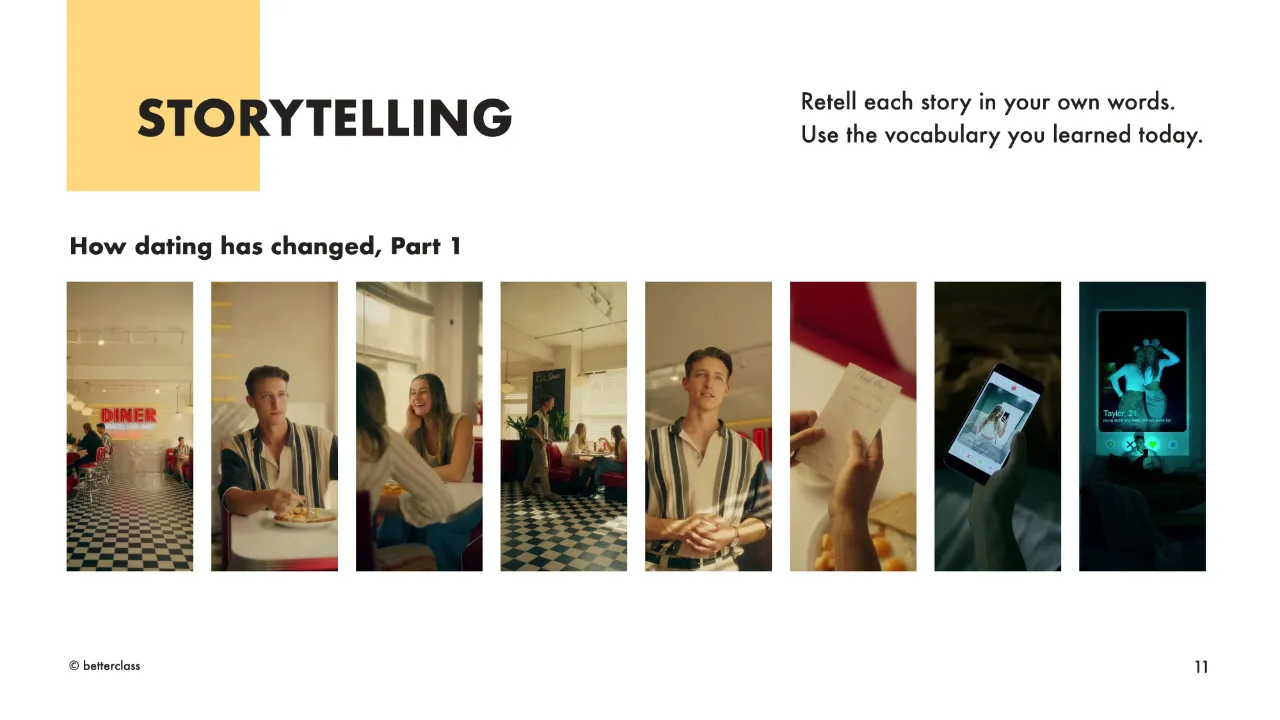 A dating B1 storytelling activity: eight stills from a diner date retell-the-story task, from first message to swipe.