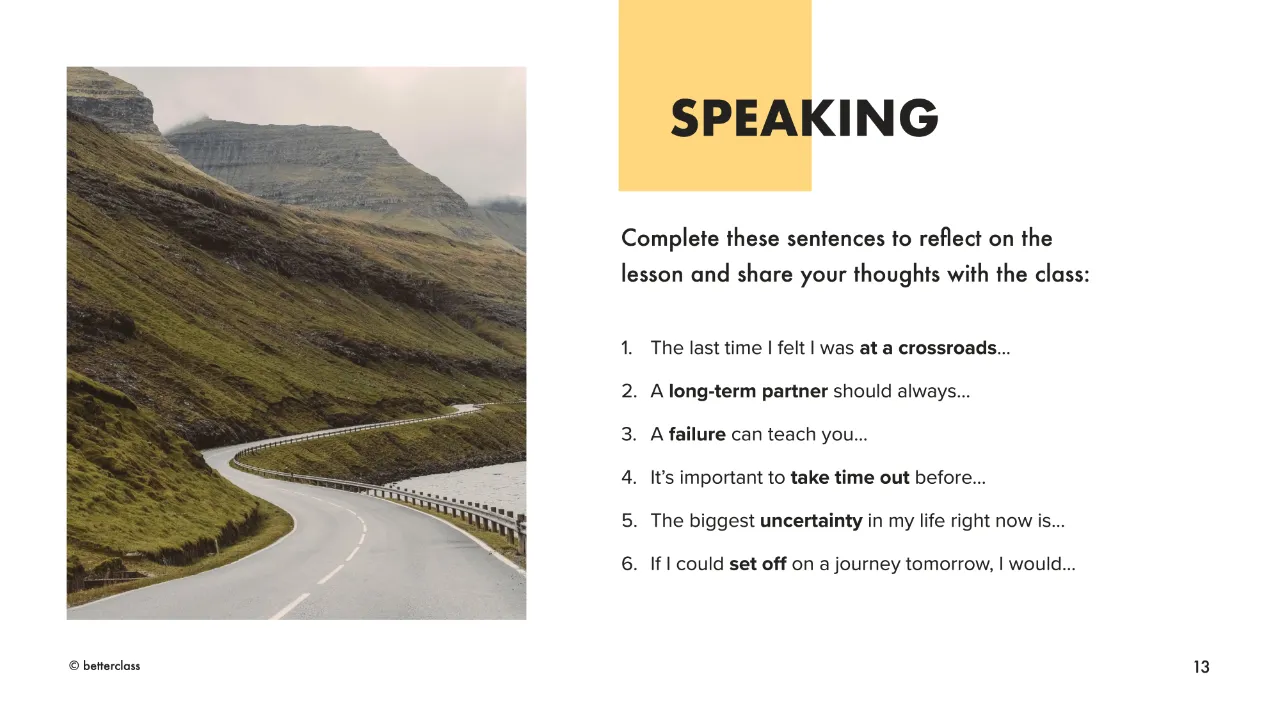 A B1 lesson about life: speaking slide with reflection questions on crossroads and failure, beside a mountain road photo.