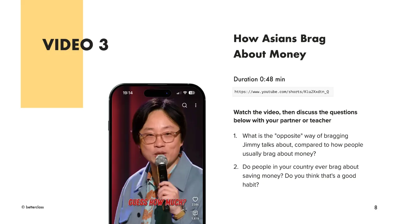 A video lesson ESL slide: phone showing a comedian mid-joke for a "How Asians Brag About Money" discussion clip.