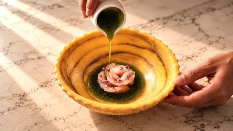 Chef pours green herb oil over a rose of thinly sliced fresh fish in this B1 restaurant vocabulary lesson on the Michelin Guide