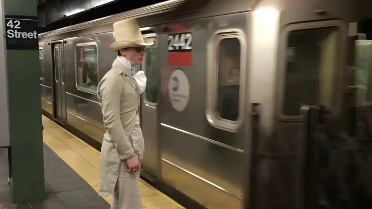 Man in Regency-era clothing with tall cream hat and period suit standing on NYC subway platform as train passes by station