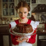 b2 lesson plan cover image of a woman in a vintage red dress holding a homemade chocolate cake for the tradwife trend lesson