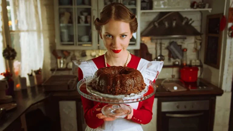 b2 lesson plan cover image of a woman in a vintage red dress holding a homemade chocolate cake for the tradwife trend lesson