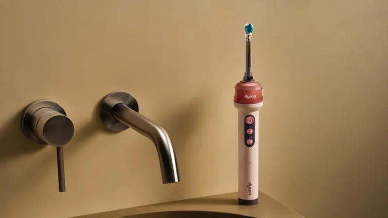 Dyson CameraJet electric toothbrush standing upright on a bathroom sink counter beside a wall-mounted faucet.