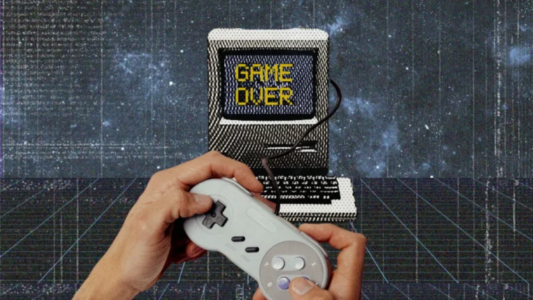 Retro-style graphic of hands holding a game controller in front of a screen reading Game Over, illustrating a B1 video games lesson plan