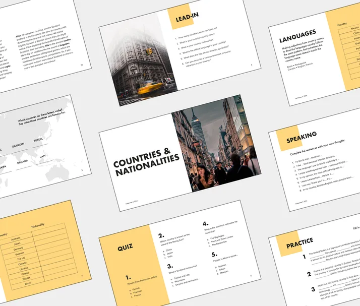 A2 lesson about Countries & Nationalities, student Light PDF preview