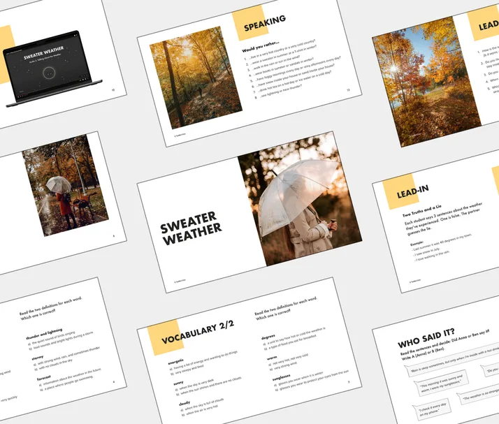 A2 lesson about Sweater Weather, student Light PDF preview