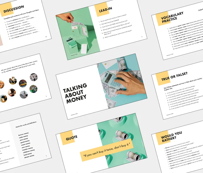 A2 lesson about Talking About Money, student Light PDF preview